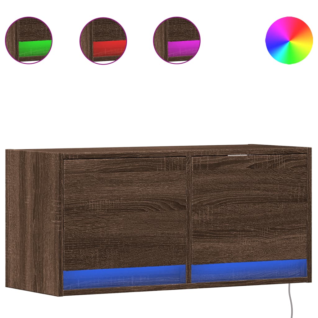 vidaXL TV Wall Cabinet with LED Lights Brown Oak 80x31x35 cm 2
