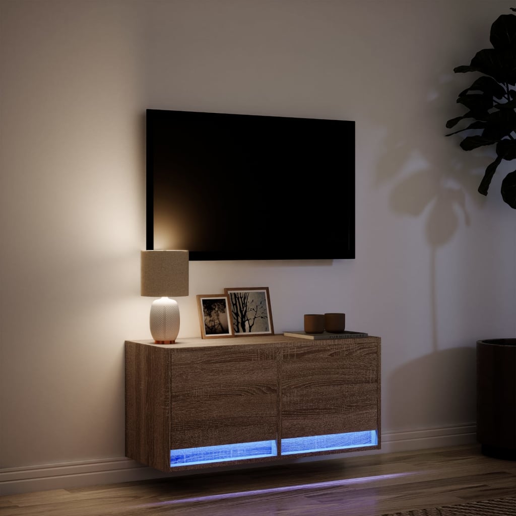 vidaXL TV Wall Cabinet with LED Lights Brown Oak 80x31x35 cm 5