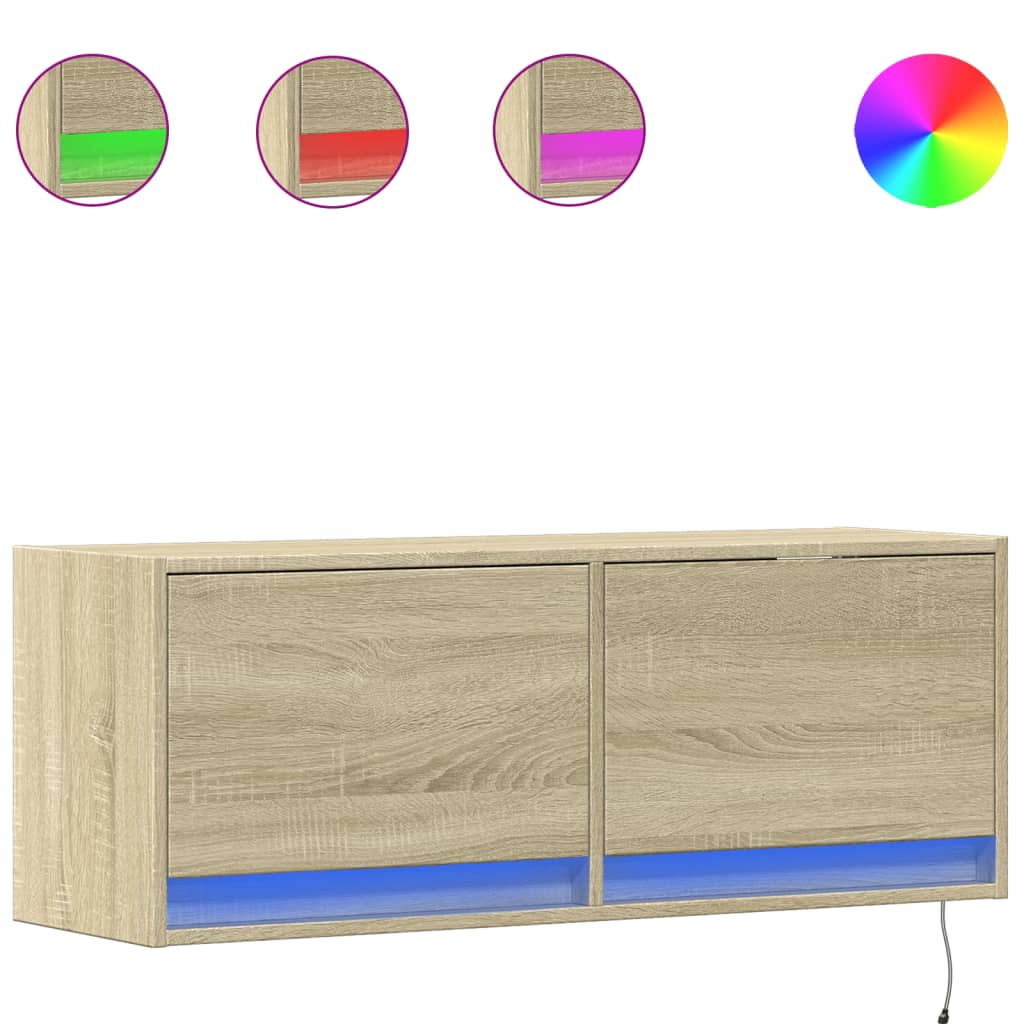 vidaXL TV Wall Cabinet with LED Lights Sonoma Oak 100x31x35 cm 2