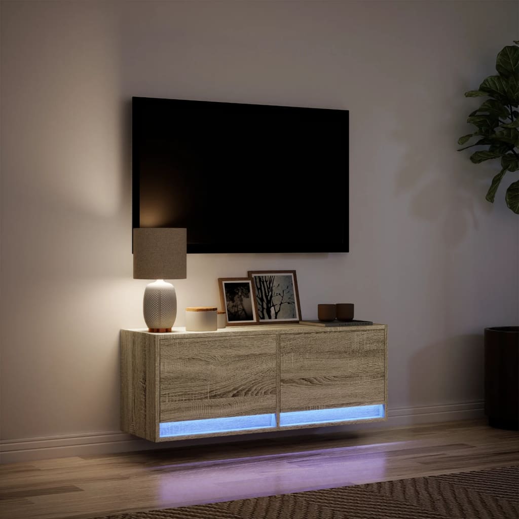 vidaXL TV Wall Cabinet with LED Lights Sonoma Oak 100x31x35 cm 5