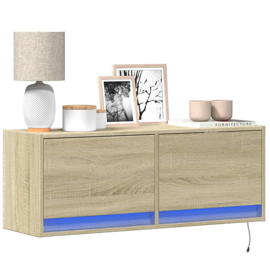 vidaXL TV Wall Cabinet with LED Lights Sonoma Oak 100x31x35 cm 1