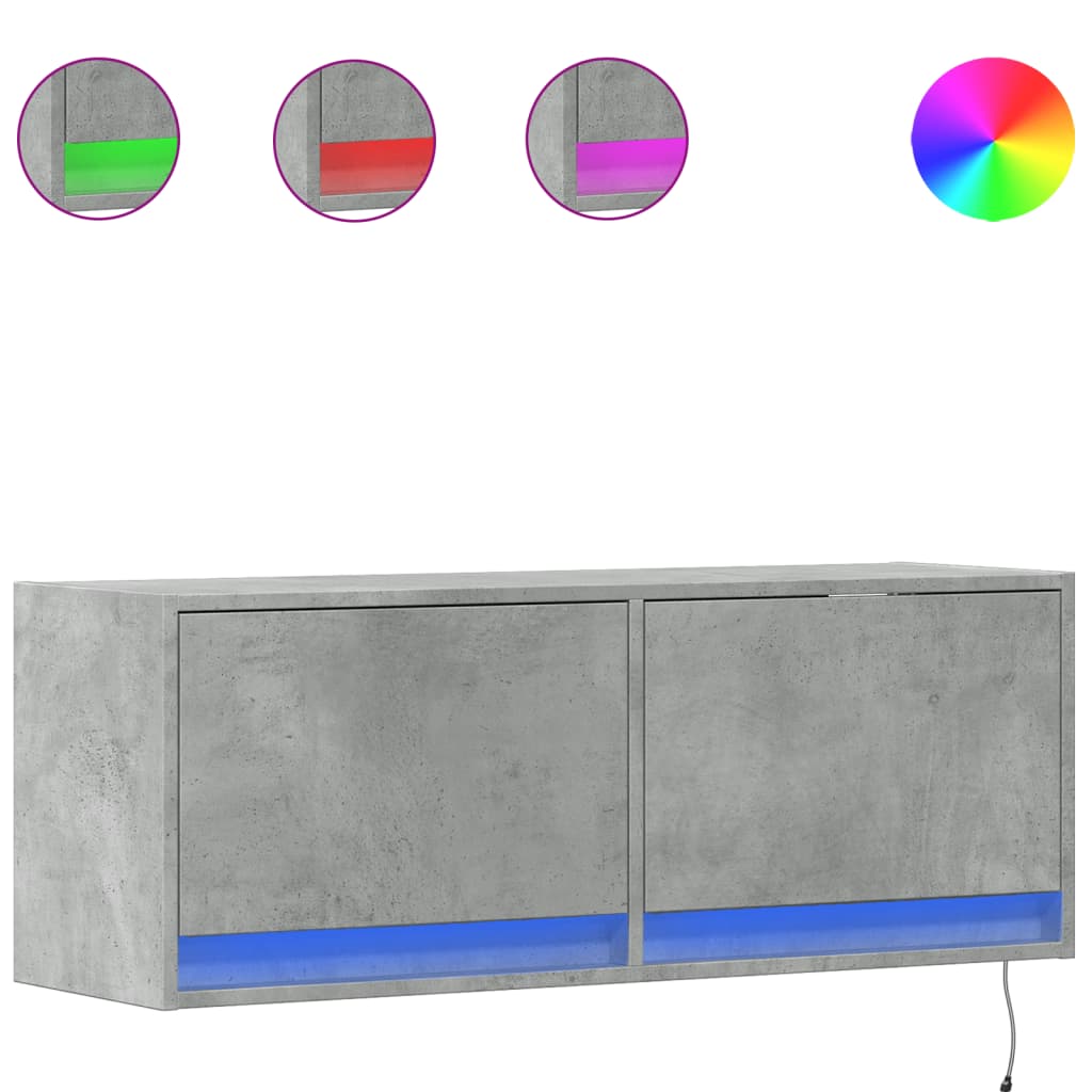 vidaXL TV Wall Cabinet with LED Lights Concrete Grey 100x31x35 cm 2