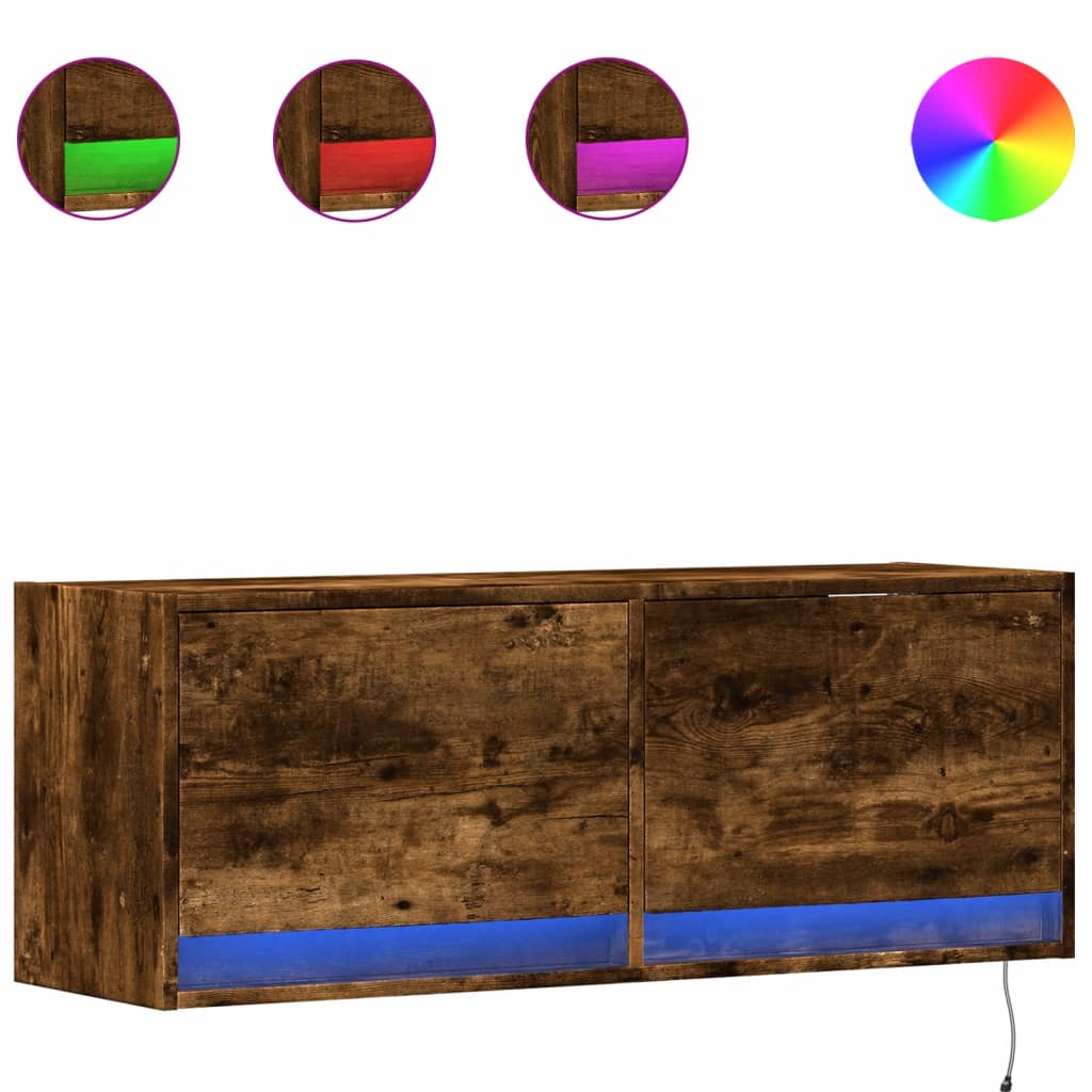 vidaXL TV Wall Cabinet with LED Lights Smoked Oak 100x31x35 cm 2
