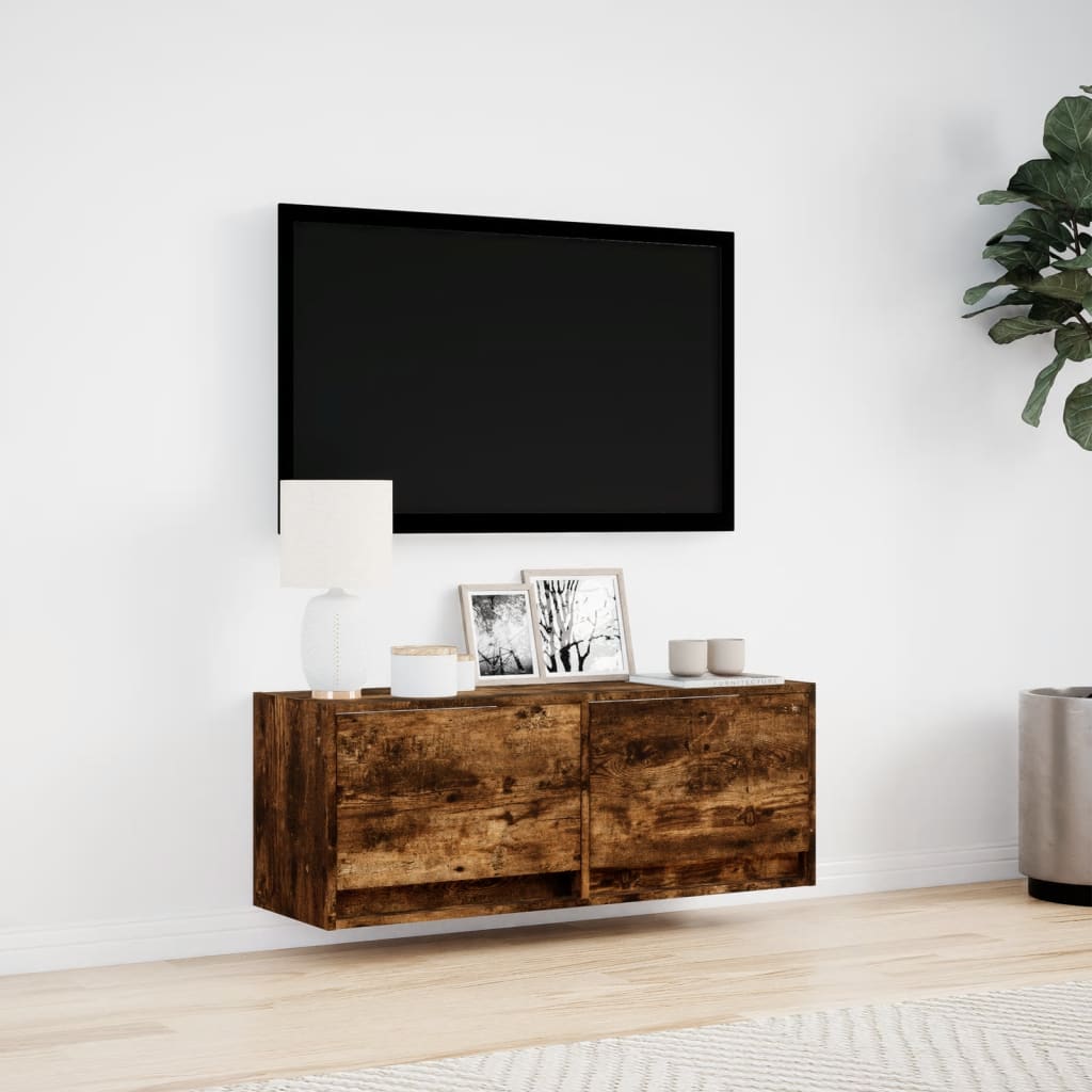 vidaXL TV Wall Cabinet with LED Lights Smoked Oak 100x31x35 cm 4