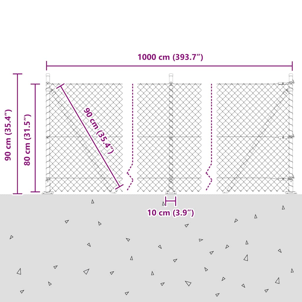 vidaXL Chainlink Fence with Concrete Base 10 x 0.8 m PVC-Coated Steel 6