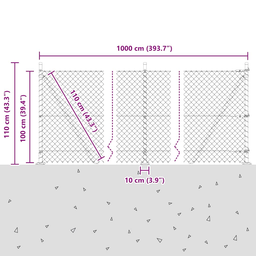 vidaXL Chainlink Fence with Concrete Base 10 x 1 m PVC-Coated Steel 6