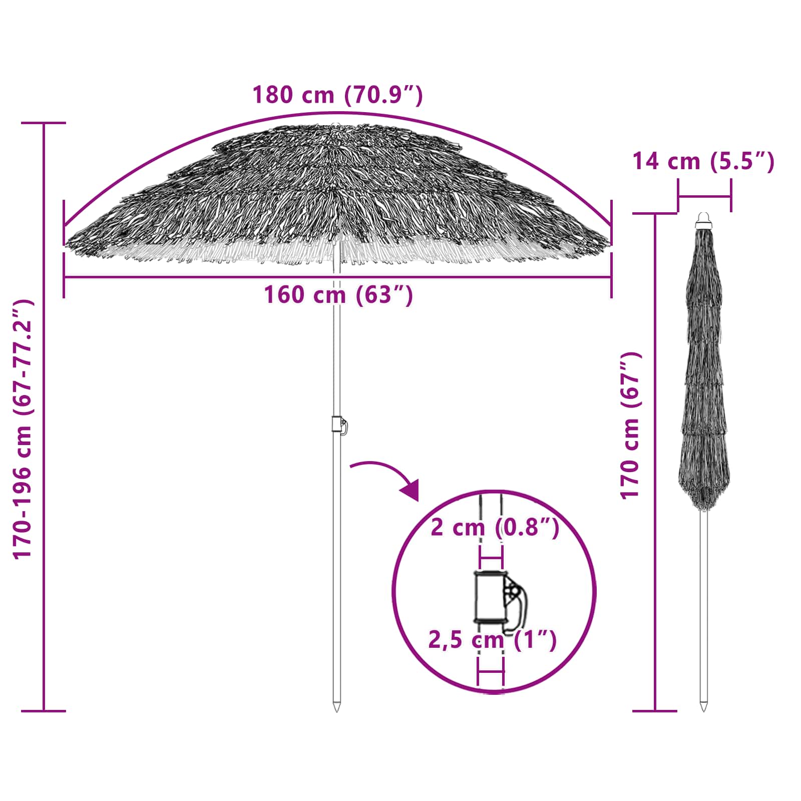vidaXL Beach Parasol 160 x 160 x 196 cm Polyester and Steel Natural 6