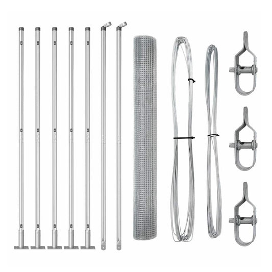 All the parts for the welded wire fence laid out, including posts, wire mesh, and fixings