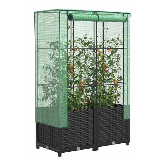 Raised Bed with Greenhouse Cover Rattan Look without wheel Height 138 cm Black