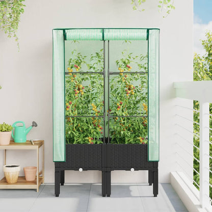 Raised Bed with Greenhouse Cover Rattan Look Black 80 x 40 x 140 cm