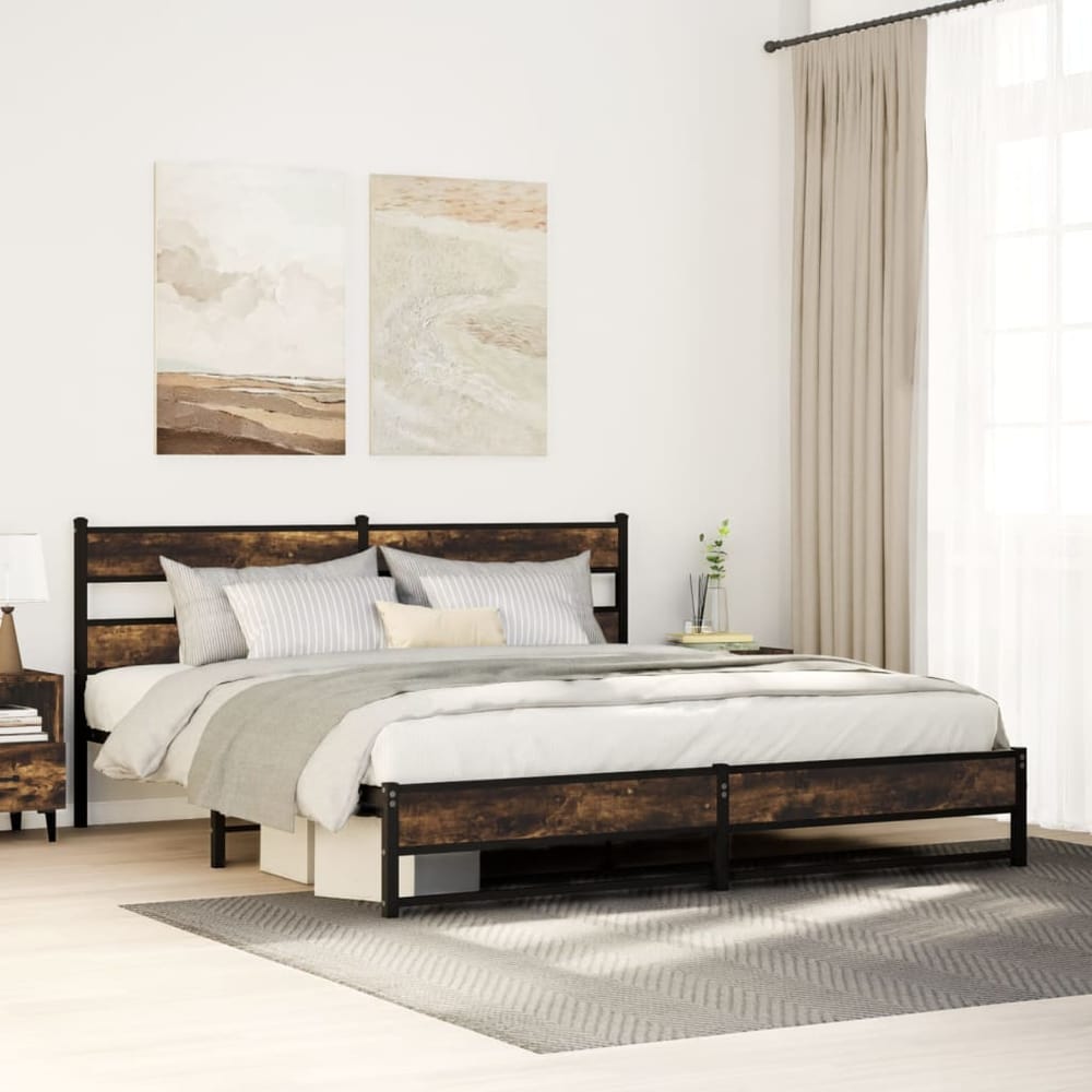 Metal Bed Frame without Mattress Smoked Oak Length 200 cm with Headboard & Dual Low Footboard 180 cm