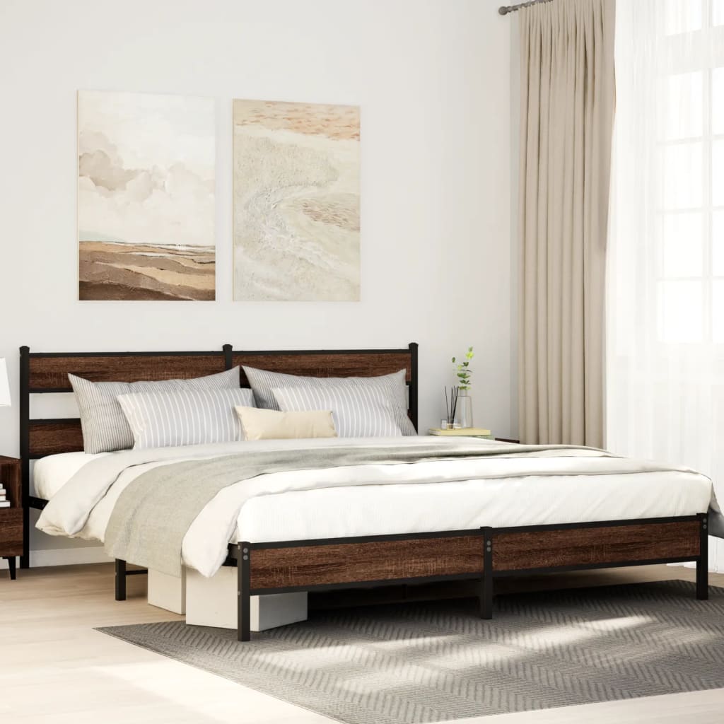 Metal Bed Frame without Mattress Brown Oak Length 203 cm 193 cm With headboard & low footboard