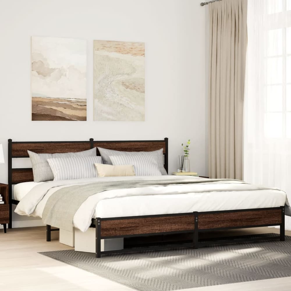 Metal Bed Frame without Mattress Brown Oak Length Headboard Dual Low Footboard