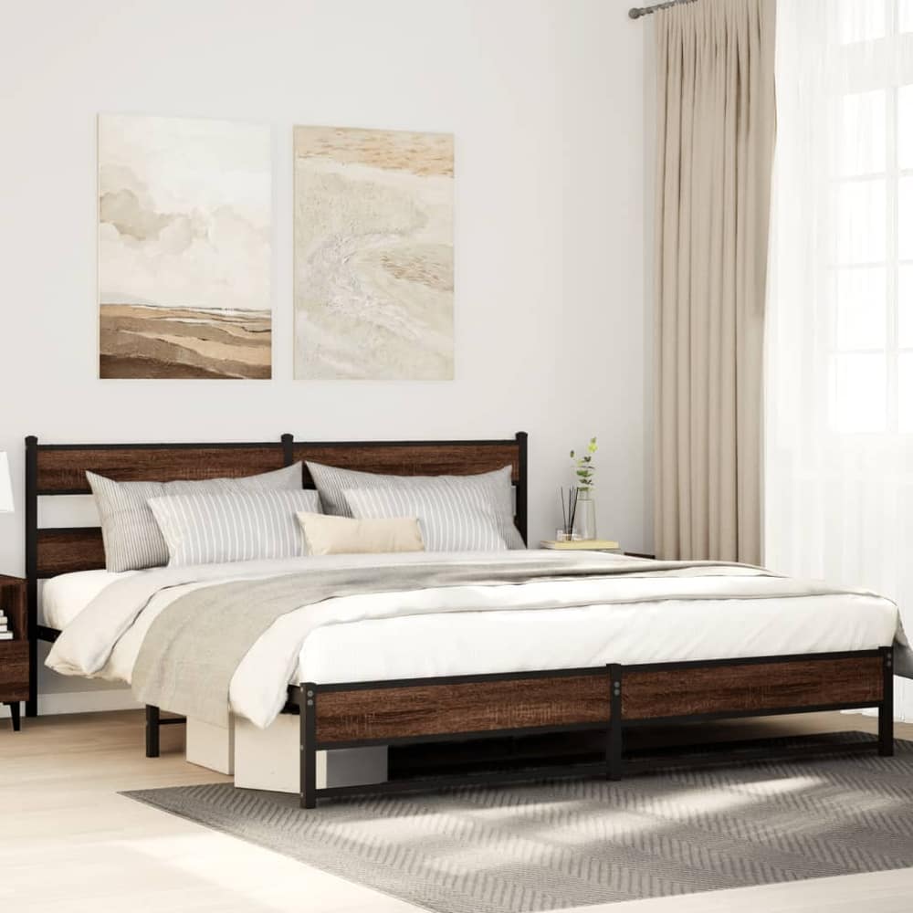 Metal Bed Frame without Mattress Brown Oak Length 200 cm with Headboard & Dual Low Footboard 200 cm