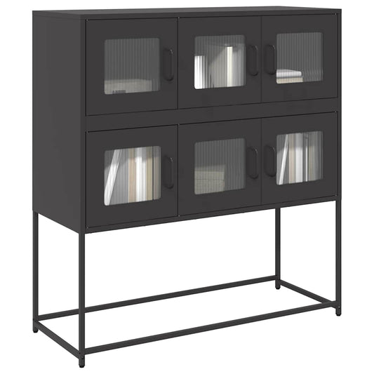 vidaXL Sideboard Black Cold-rolled Steel, a tall cabinet with six glass-fronted doors and a metal base
