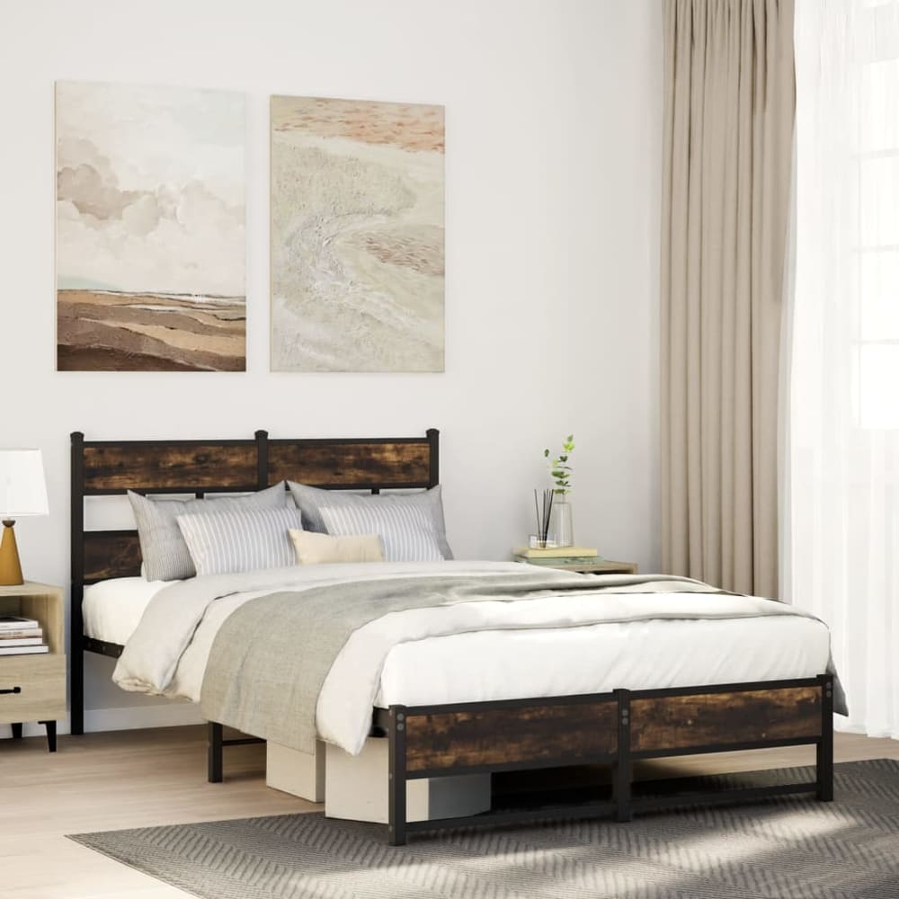 Metal Bed Frame without Mattress Smoked Oak Length 200 cm with Headboard & Dual Low Footboard 120 cm