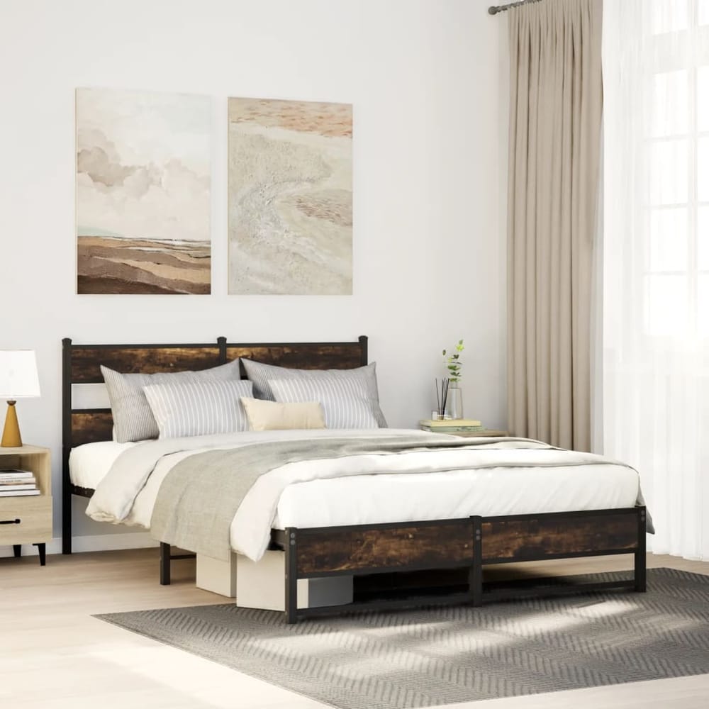 Metal Bed Frame without Mattress Smoked Oak Length 200 cm with Headboard & Dual Low Footboard 140 cm