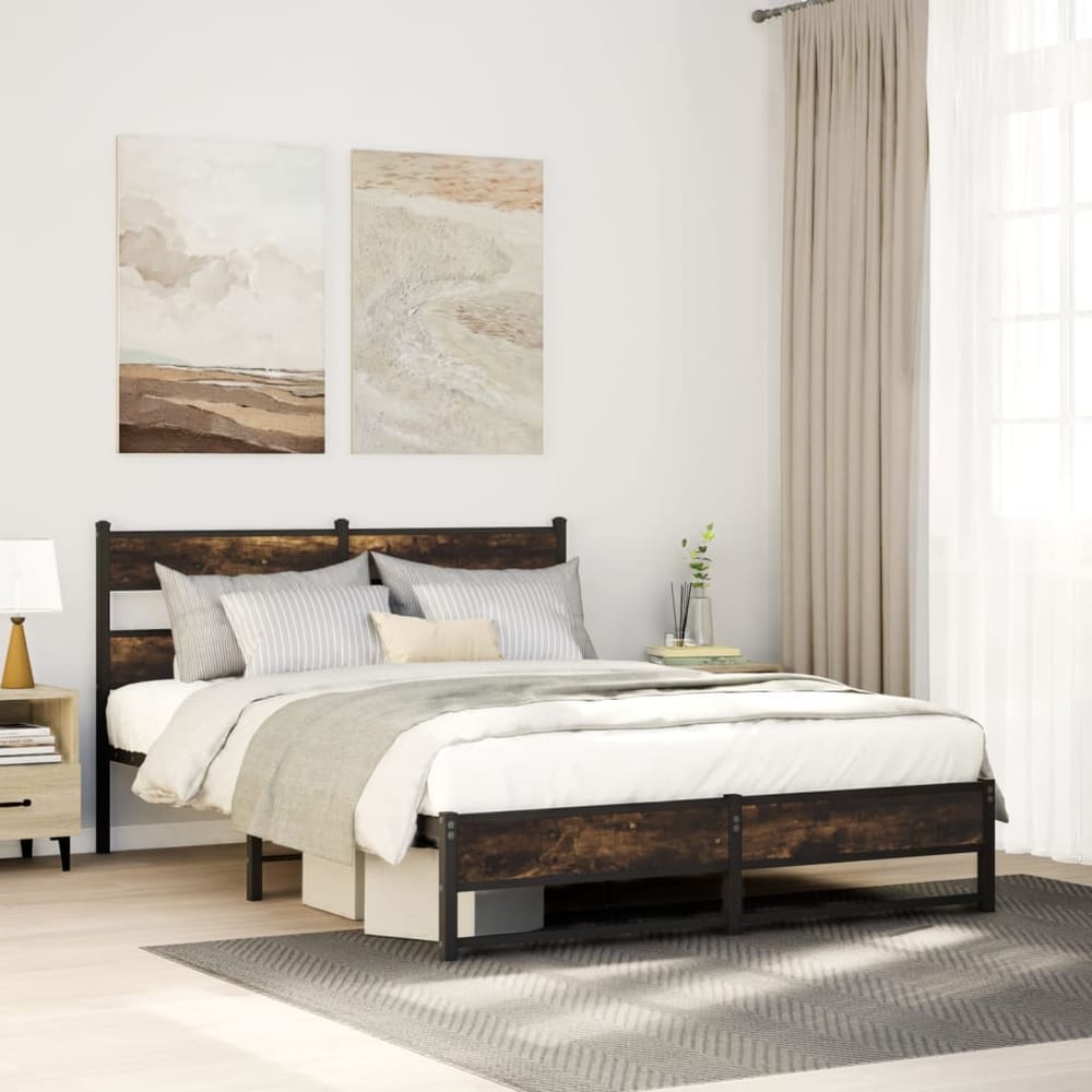 Metal Bed Frame without Mattress Smoked Oak Length 200 cm with Headboard & Dual Low Footboard 150 cm