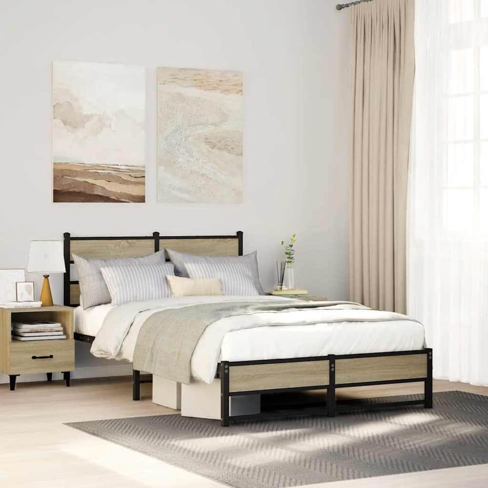 Metal Bed Frame without Mattress Sonoma Oak Length 200 cm with Headboard & Dual Low Footboard 120 cm
