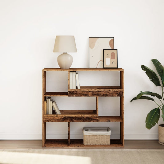 vidaXL Book Cabinet/Room Divider Old Wood with shelves and cubbies, styled with books and a basket