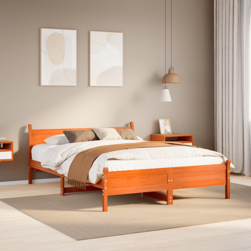 Bed Frame without Mattress Solid Wood Pine Length Wax Brown