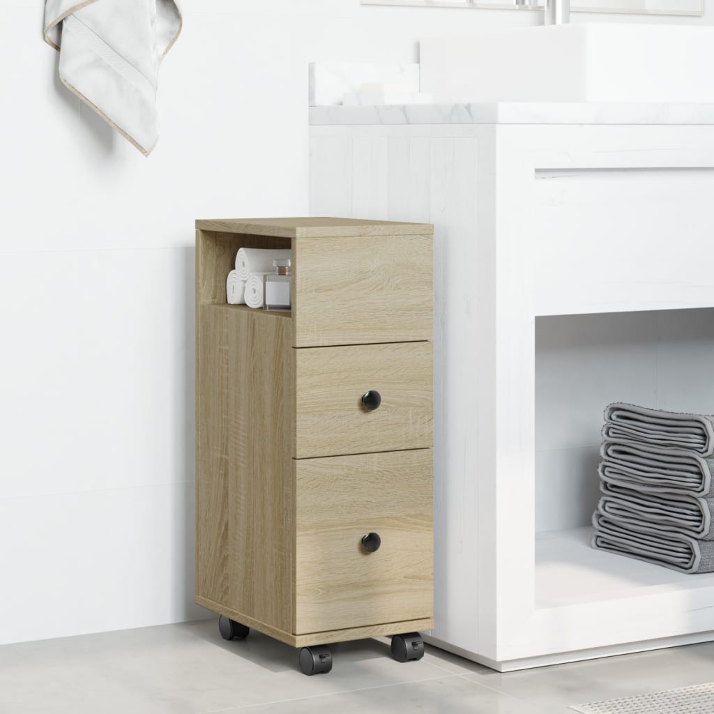 vidaXL Narrow Bathroom Cabinet with Wheels Sonoma Oak Engineered Wood 3
