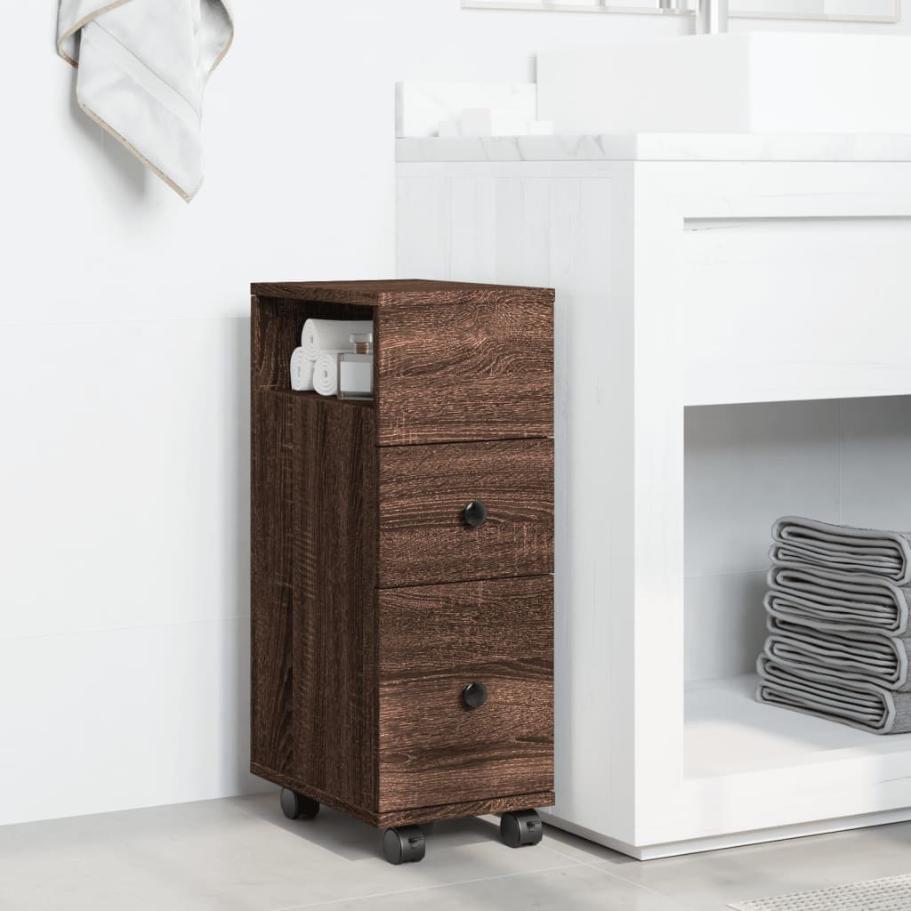 vidaXL Narrow Bathroom Cabinet with Wheels Brown Oak Engineered Wood 3