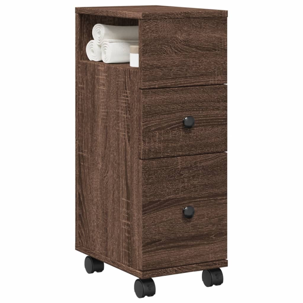 vidaXL Narrow Bathroom Cabinet with Wheels Brown Oak Engineered Wood 1