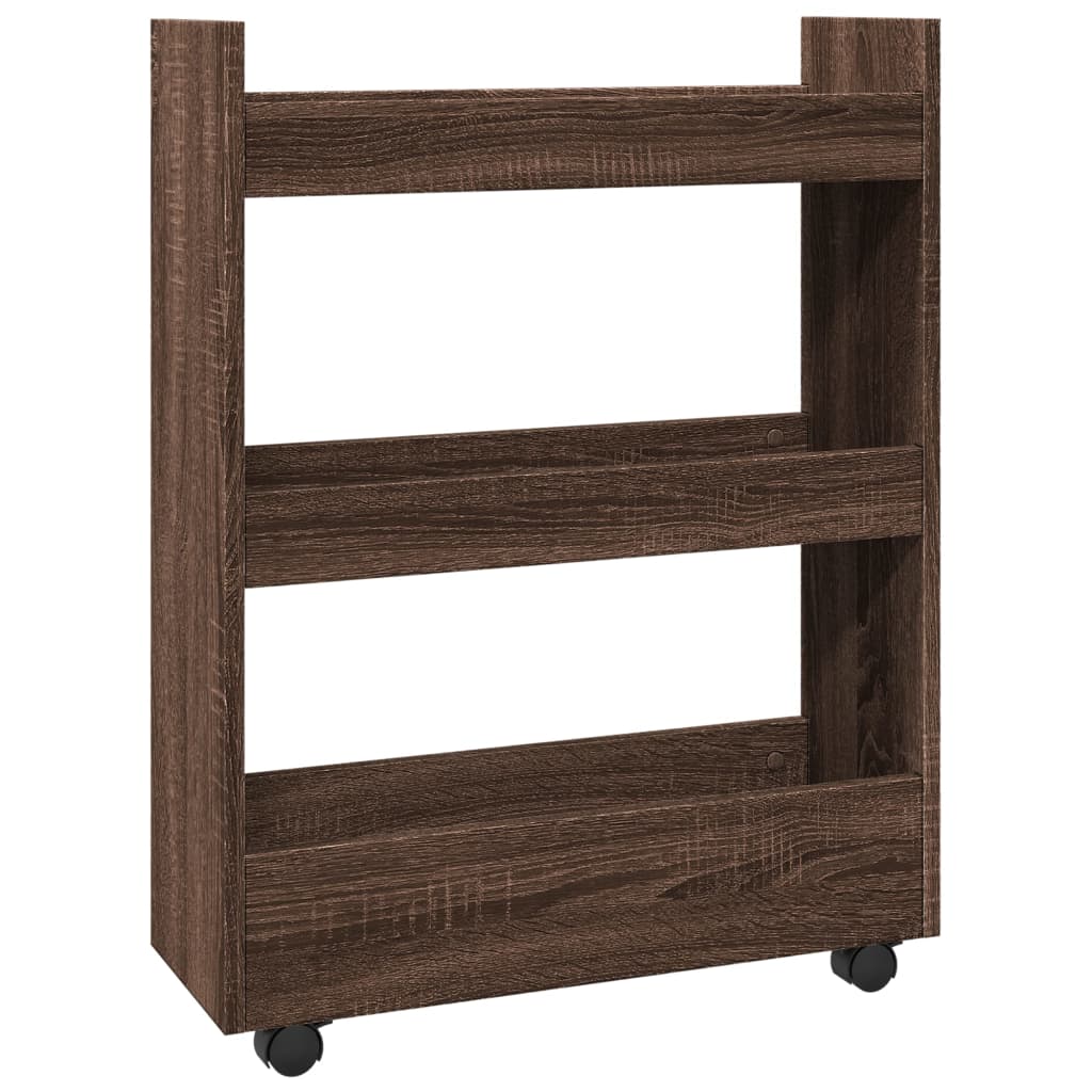 vidaXL Narrow Storage Trolley 3 Tier Brown Oak Engineered Wood 2