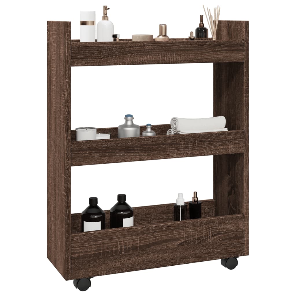 vidaXL Narrow Storage Trolley 3 Tier Brown Oak Engineered Wood 1