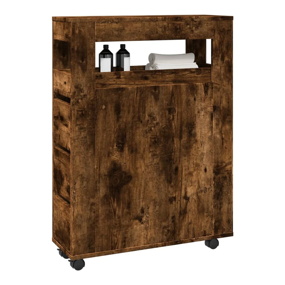 Narrow Bathroom Cabinet with Wheels Engineered Wood Smoked oak