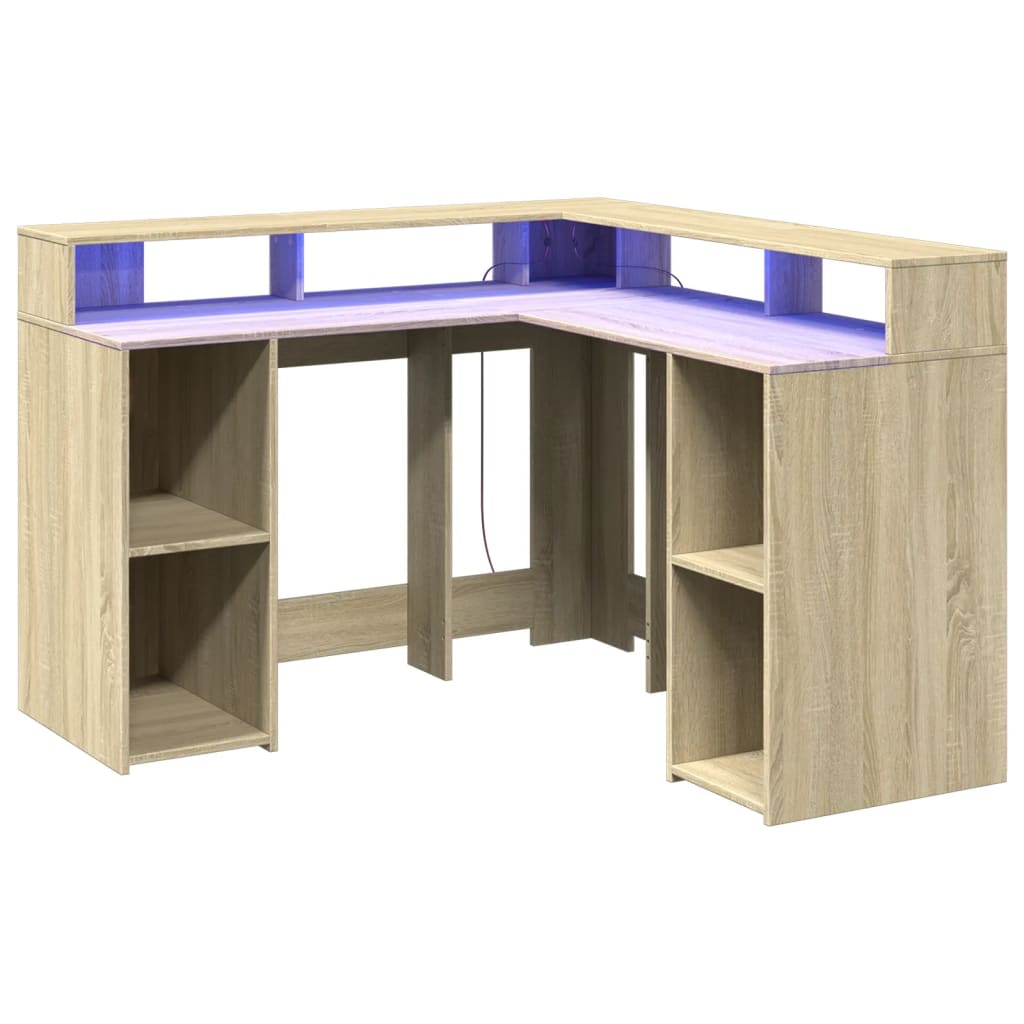 Desk with LED Lights Engineered Wood Sonoma oak