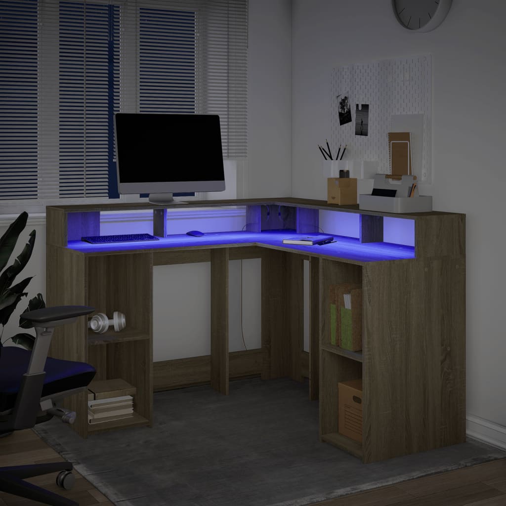 Desk with LED Lights Engineered Wood Sonoma oak