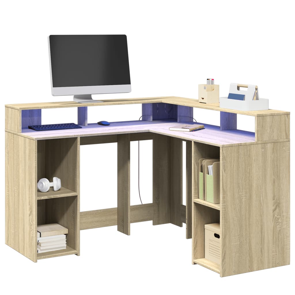 Desk with LED Lights Engineered Wood Sonoma oak