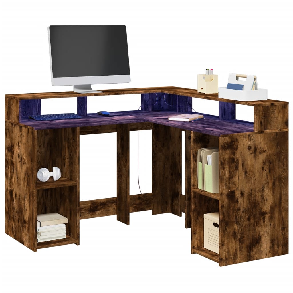 Desk with LED Lights Engineered Wood Smoked oak
