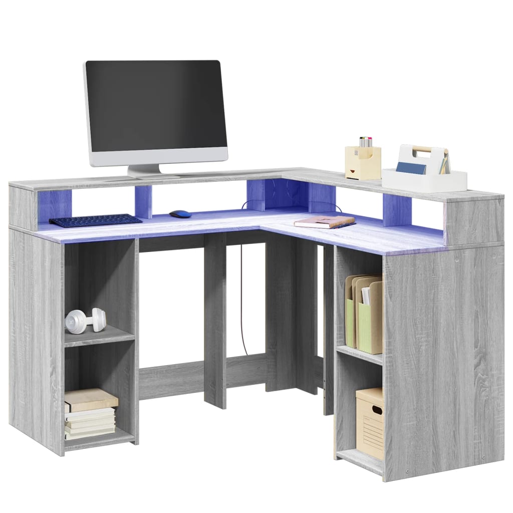 Desk with LED Lights Engineered Wood Grey sonoma