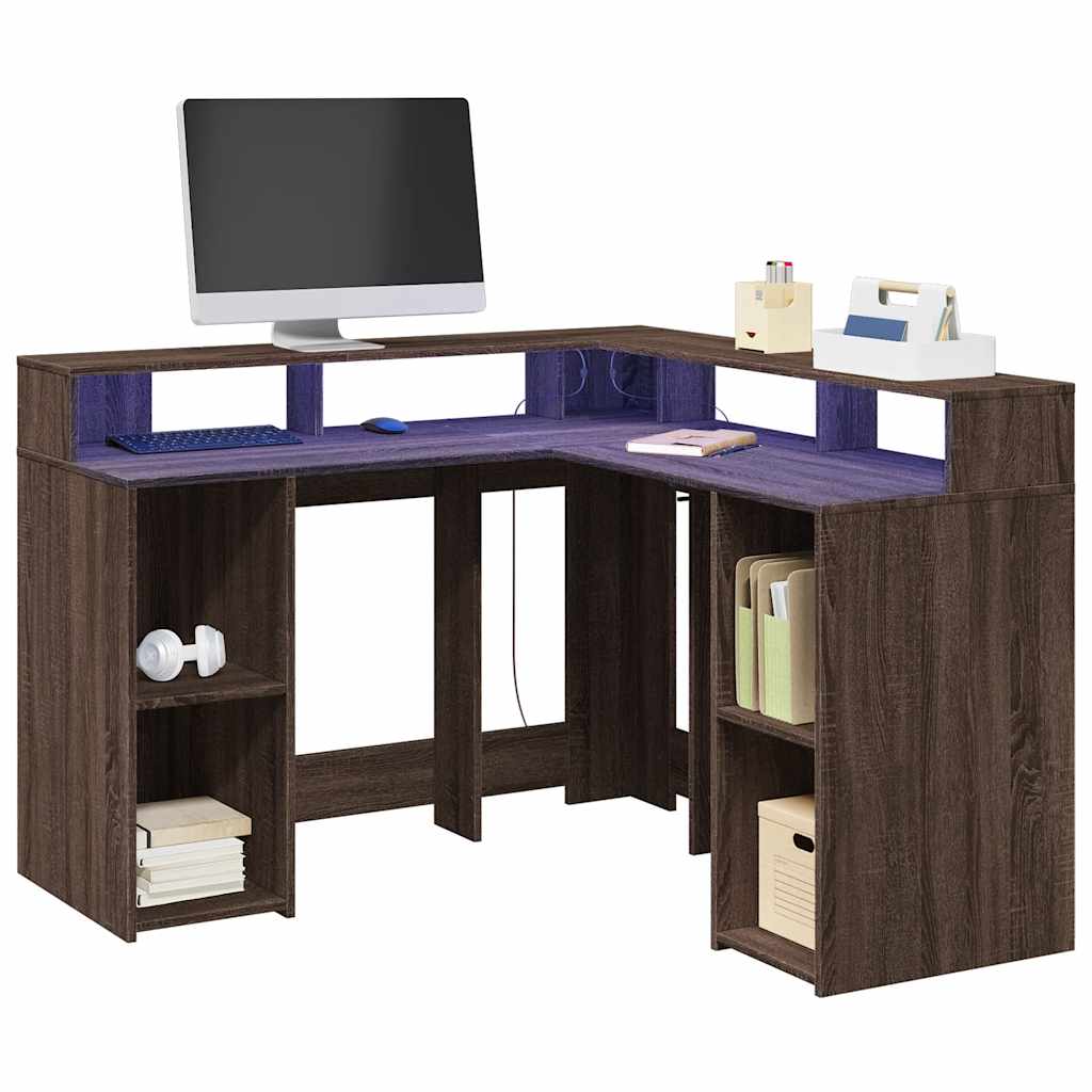 Desk with LED Lights Engineered Wood Brown oak