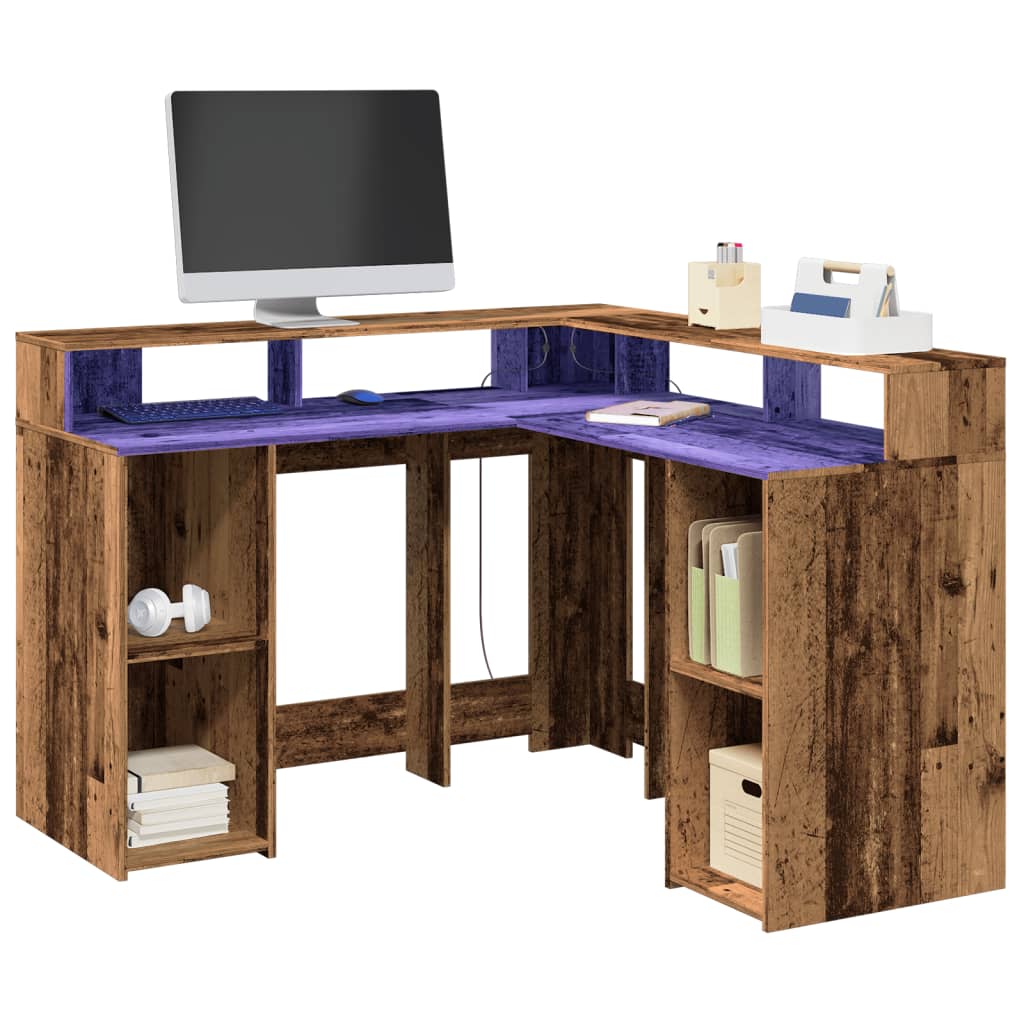 Desk with LED Lights Engineered Wood Old wood