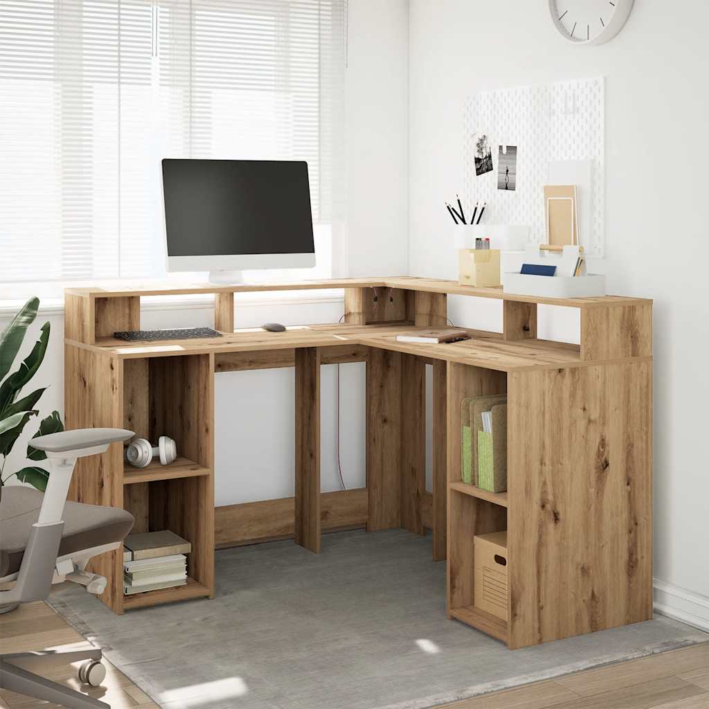 Desk with LED Lights Engineered Wood Artisan oak