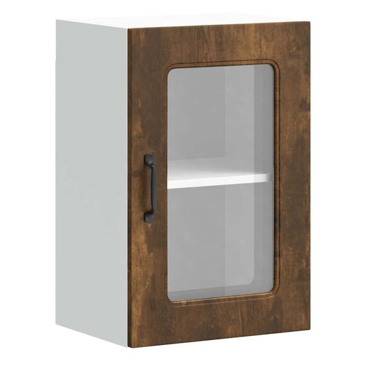 Kitchen Wall Cabinet with Glass Door "Kalmar" Smoked oak 1x wall corner cabinet 57 cm wide 100 cm high–2x wall glass cabinet (1 door) 40 cm wide 40 cm high 1x wall glass cabinet (1 door) 40 cm wide 60 cm high