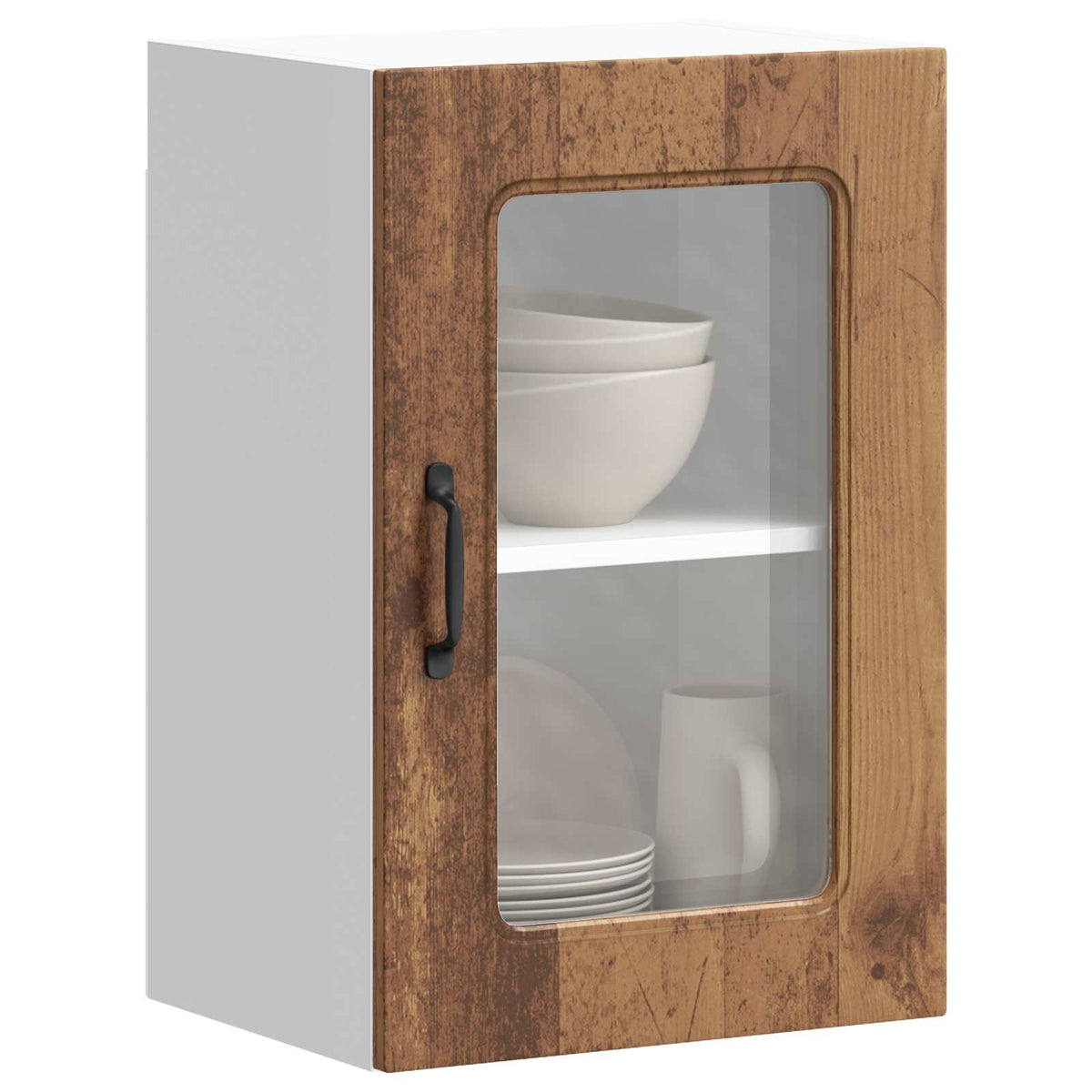 Kitchen Wall Cabinet with Glass Door "Kalmar" Old wood 1x wall corner cabinet 57 cm wide 100 cm high–2x wall glass cabinet (1 door) 40 cm wide 40 cm high 1x wall glass cabinet (1 door) 40 cm wide 60 cm high