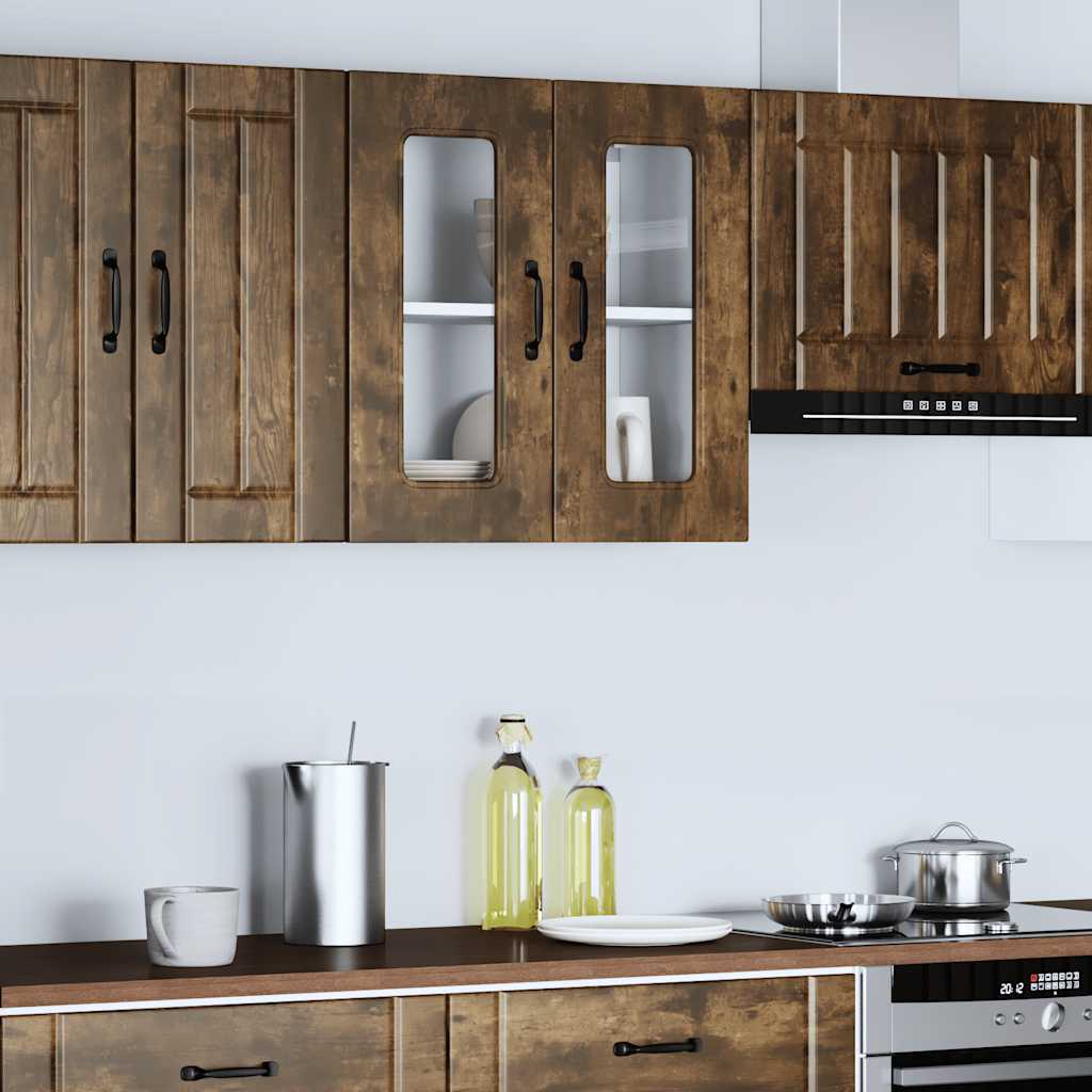 vidaXL Kitchen Wall Cabinet with Glass Door Kalmar Smoked Oak Engineered Wood 3