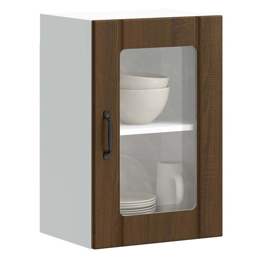 Kitchen Wall Cabinet with Glass Door "Lucca" Brown oak 1x wall corner cabinet 57 cm wide 100 cm high–2x wall glass cabinet (1 door) 40 cm wide 40 cm high 1x wall glass cabinet (1 door) 40 cm wide 60 cm high