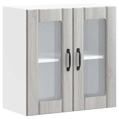 Kitchen Wall Cabinet with Glass Door "Lucca" Grey sonoma 1x wall corner cabinet 57 cm wide 100 cm high–2x wall glass cabinet (1 door) 40 cm wide 40 cm high 1x wall glass cabinet (2 doors) 60 cm wide 60 cm high