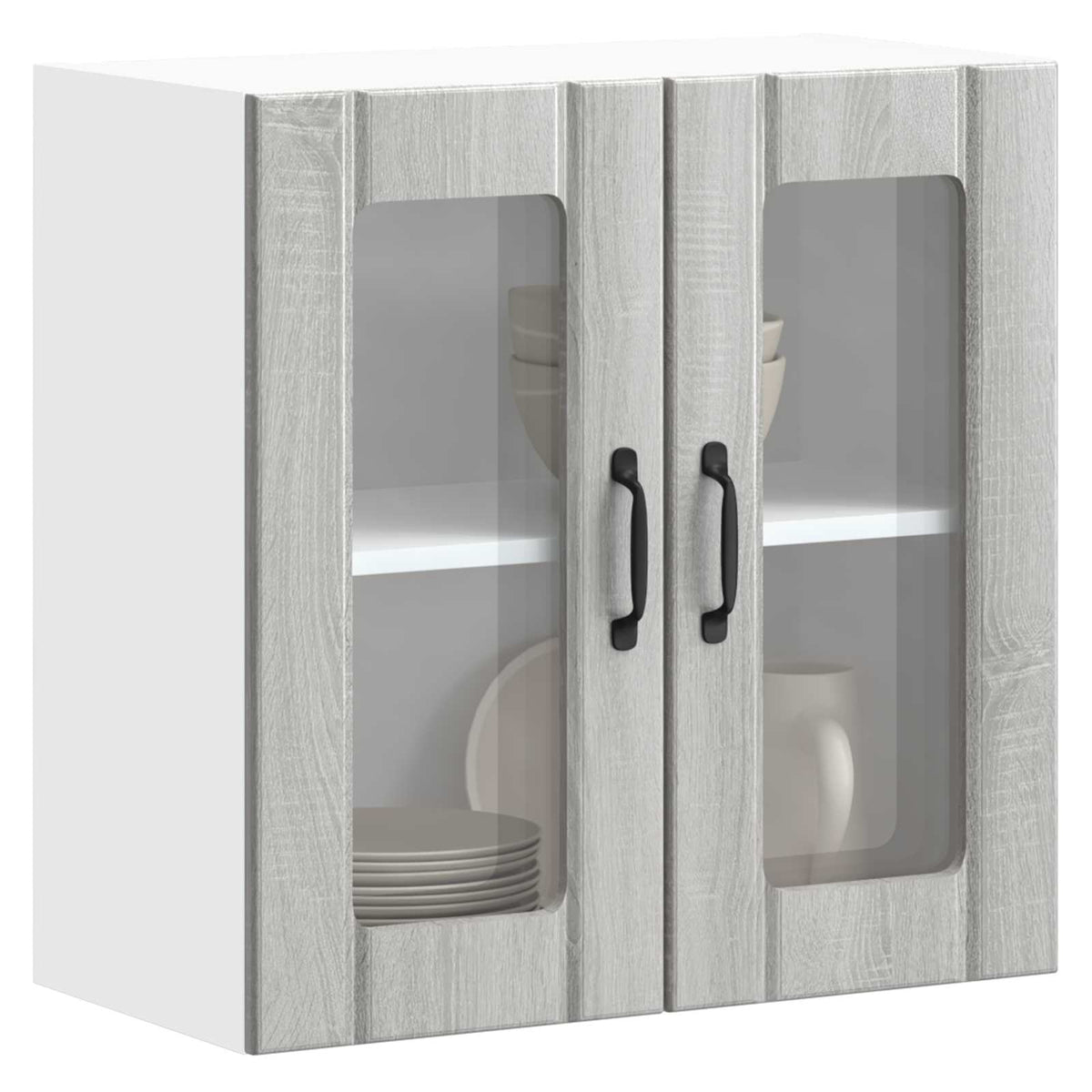 Kitchen Wall Cabinet with Glass Door "Lucca" Grey sonoma 1x wall corner cabinet 57 cm wide 100 cm high–2x wall glass cabinet (1 door) 40 cm wide 40 cm high 1x wall glass cabinet (2 doors) 60 cm wide 60 cm high