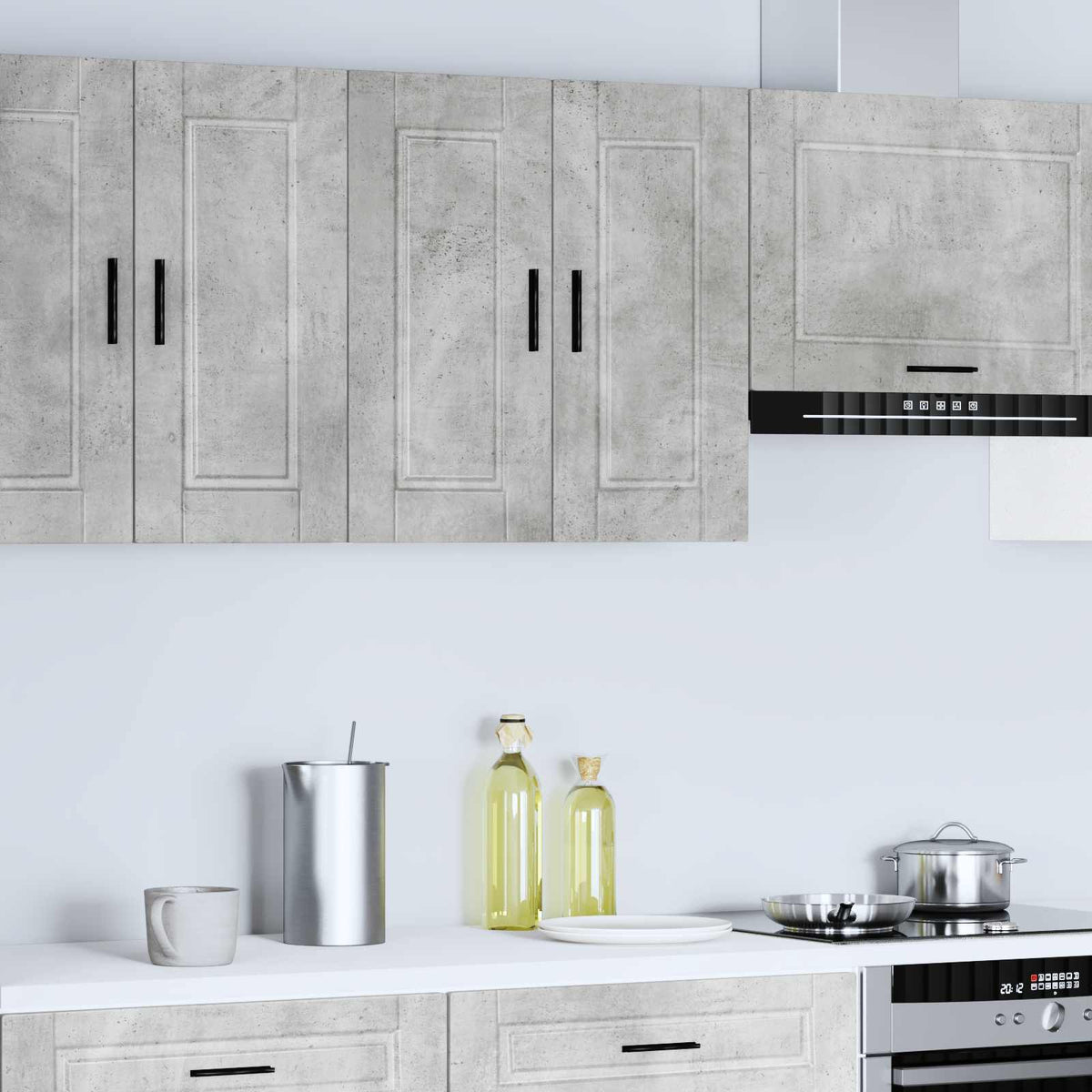 Kitchen Wall Cabinet "Porto" Engineered Wood Concrete grey 1x wall cabinet (1 door) 40 cm wide 60 cm high–1x wall corner cabinet 57 cm wide 100 cm high 1x wall cabinet (2 doors) 60 cm wide 60 cm high