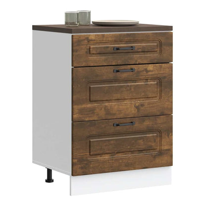 Kitchen Base Cabinet "Kalmar" Engineered Wood Smoked Oak 1x bottom cabinet (3 drawers) 60 cm wide 81.5 cm high