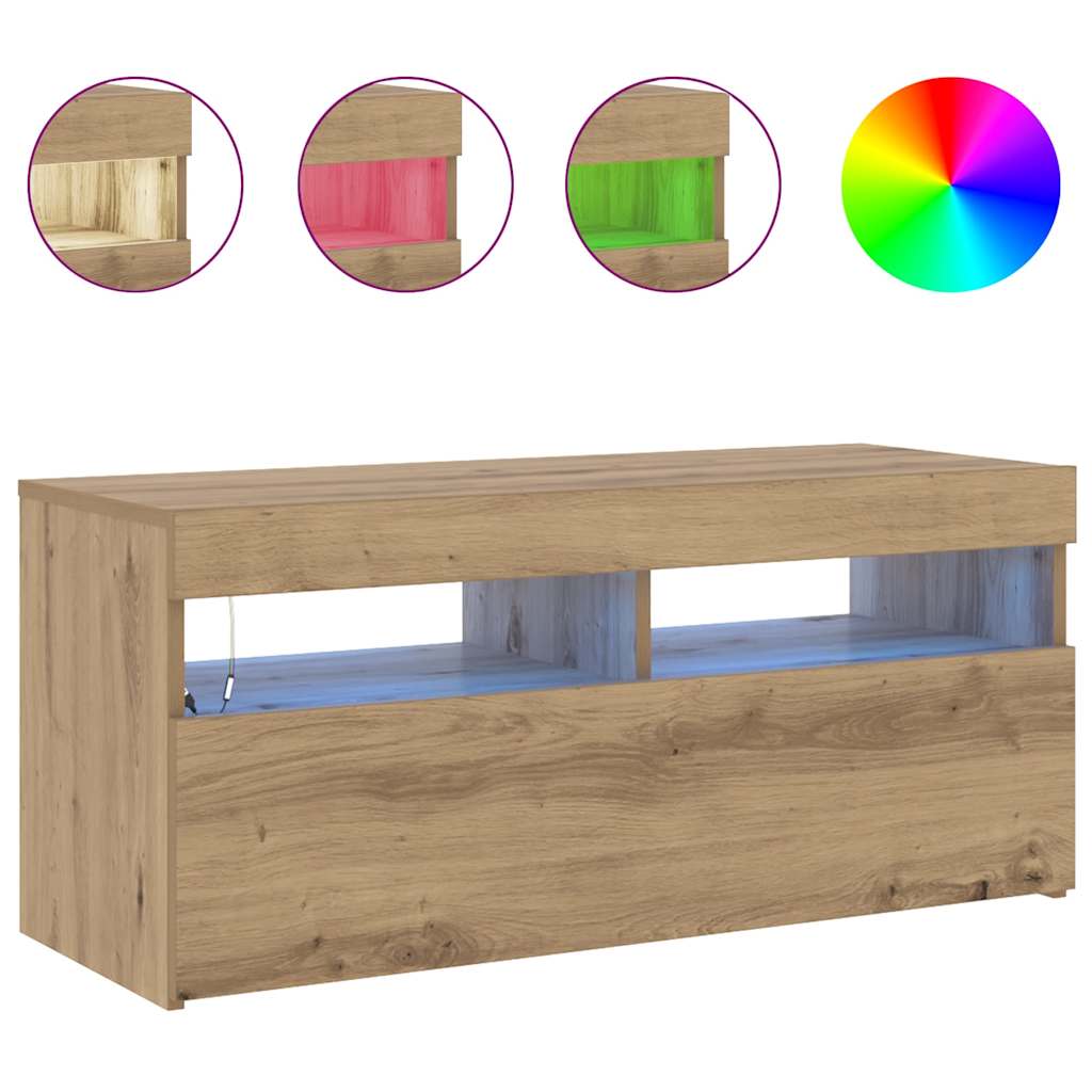 vidaXL TV Cabinet with LED Lights Artisan Oak 90x35x40 cm Engineered Wood 4