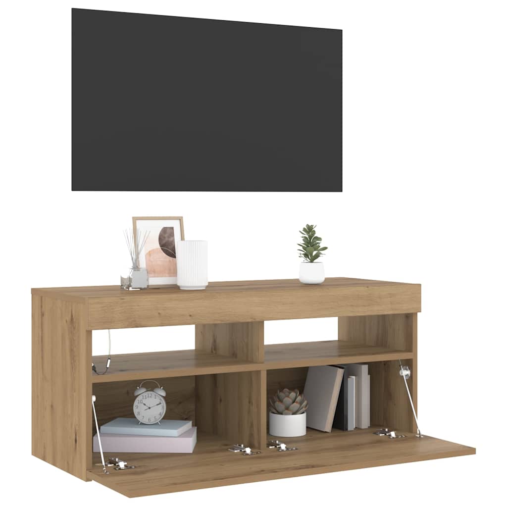 TV Cabinet with LED Lights 90x35x40 cm 1 Width 90 cm Artisan oak