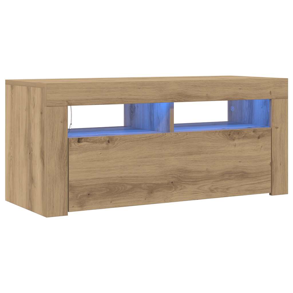 vidaXL TV Cabinet with LED Lights Artisan Oak 90x35x40 cm Engineered Wood 2